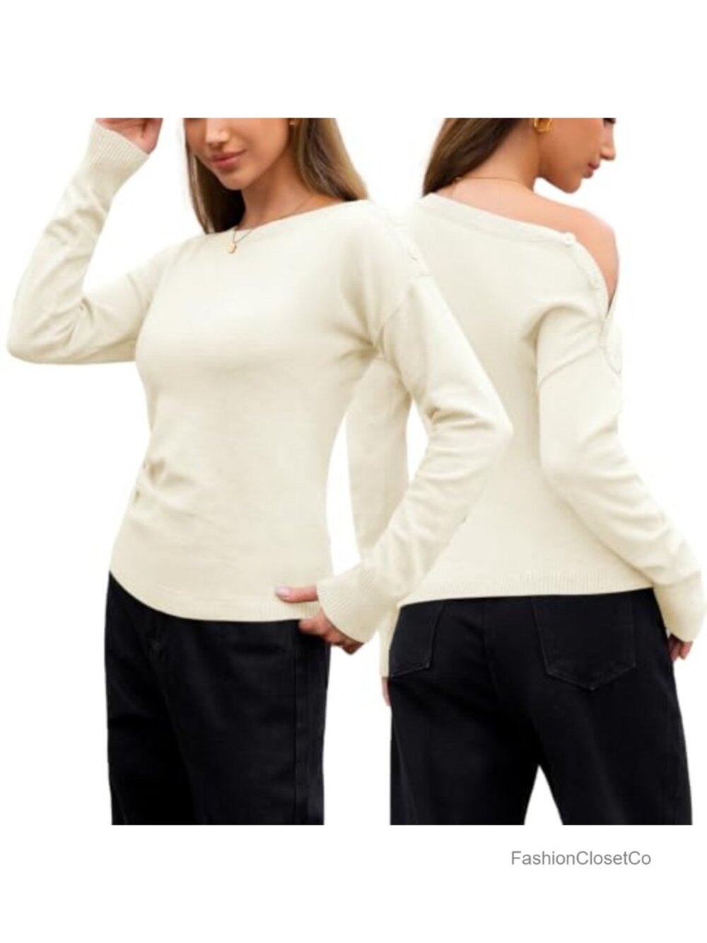 Womens Off Shoulder Boat Neck Long Sleeve Pullover Sweater Button Knit Top